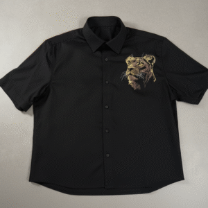 CUSTRA Black Bamboo‑Blend Shirt with Lion Embroidery – Breathable & Wrinkle‑Resistant