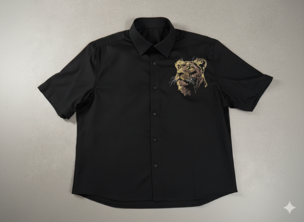 CUSTRA Black Bamboo‑Blend Shirt with Lion Embroidery – Breathable & Wrinkle‑Resistant