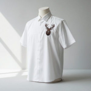 CUSTRA Off‑White Bamboo‑Blend Shirt with Deer Embroidery – Breathable & Wrinkle‑Resistant