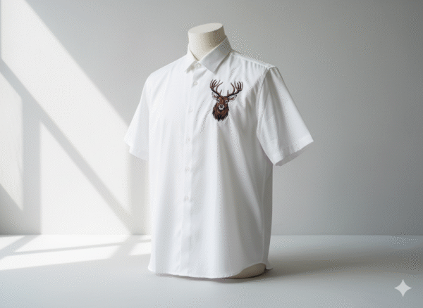 CUSTRA Off‑White Bamboo‑Blend Shirt with Deer Embroidery – Breathable & Wrinkle‑Resistant